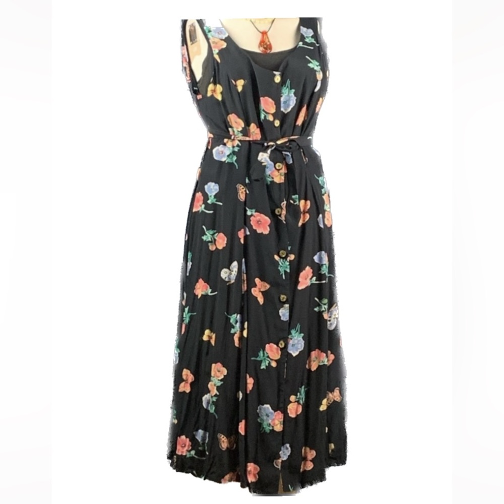 Vintage Floral Sleeveless Button Down Dress w/Tie Detail Sz L